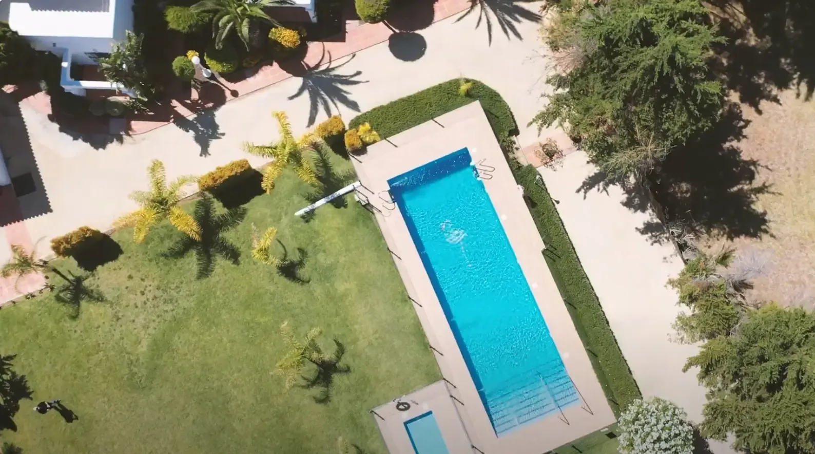 Piscina rodeada de jardín vista desde el aire
